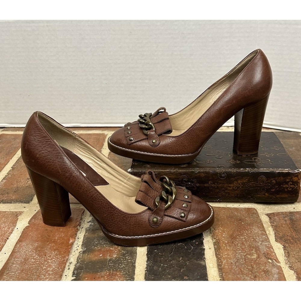 Michael Kors Collection Brown‎ Leather Kiltie Pumps Fringe Block Heel Women's 6